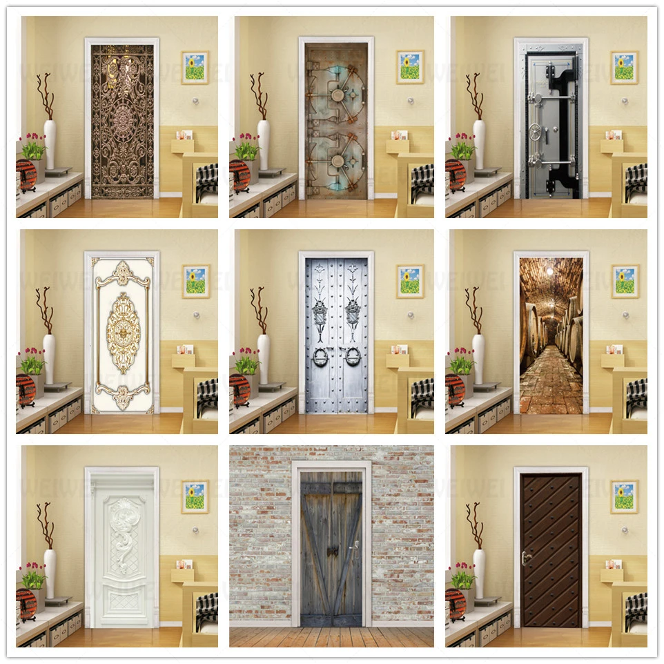 

Iron Door Pattern Wallpaper 3D PVC Door Sticker Self-adhesive Waterproof Creative Home Design Decoration Poster Wooden Mural