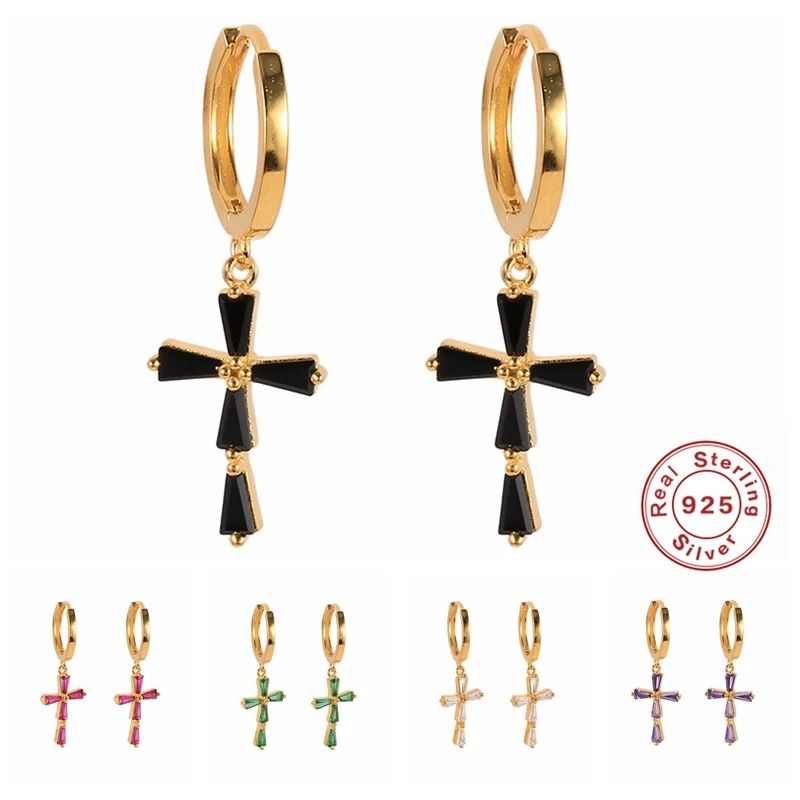 

MC Coloful Cross Earrings For Women Girls 925 Sterling Silver Luxury Ear Hoops With Black Red Green Purple Zircon Cross Pendant