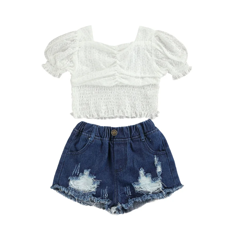 

Little Girls Solid Color Clothes Set, Puff Sleeve Square Collar Stretchy Tops + Ripped Short Jeans with Button, 2-7Years