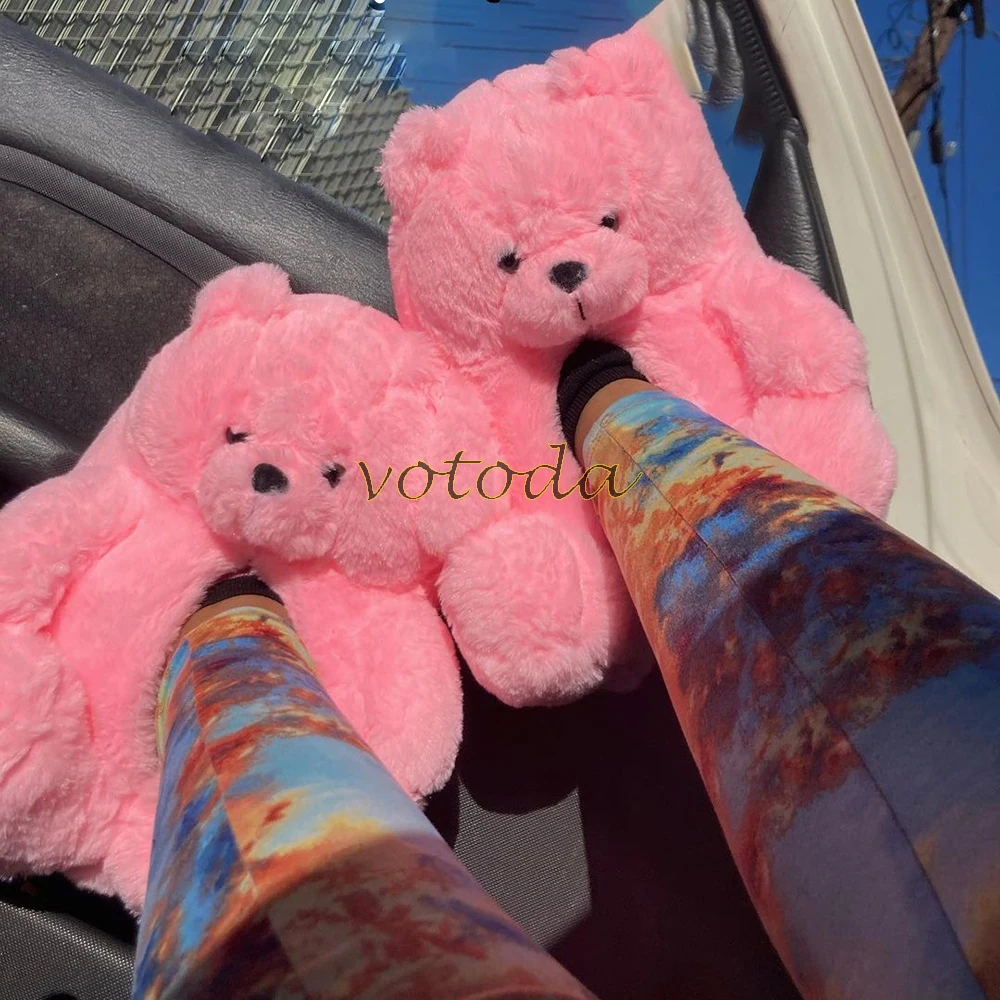 Teddy Bear Slippers Women Cute Cartoon Slides Furry Warm Soft Shoes Home Non-slip Cotton Flip Flops Rainbow Teddies Bear Slipper best house slippers