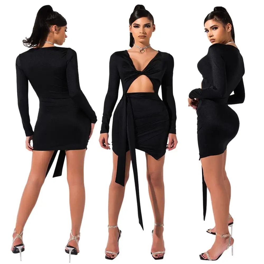 2020 Spring Sexy Women Dress Deep V-neck Slinky Bodycon Bandage Long Sleeve Hollow Out Party Vestidos Black Red | Женская одежда