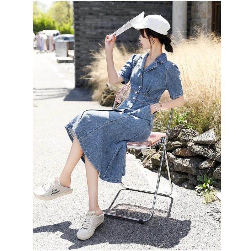 

2021 Autumn Women Denim Dress Turn-down Collar Empire Casual Single Breasted Short Sleeve A-line Long Vestido