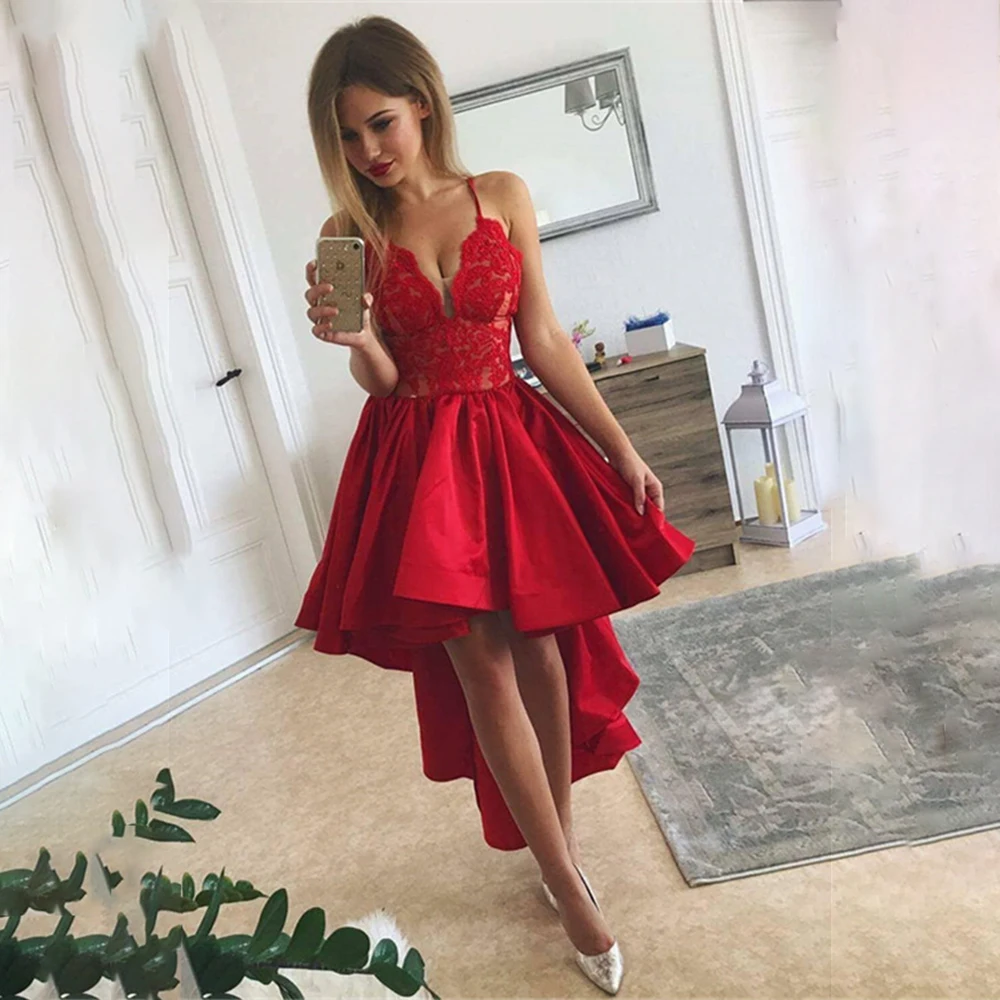 

2021 Selling Red High Low Cocktail Gown Lace Appliques Special Occasion Dresses V Neck Spaghetti Straps Satin Robes de cocktail