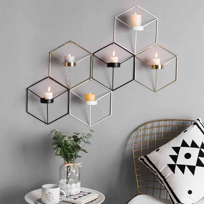 

Metal Geometric Candle Holders Hexagon Wall-mounted Candle Holder Black Gold 3D Wall Hanging Candlestick Restaurant Decoration