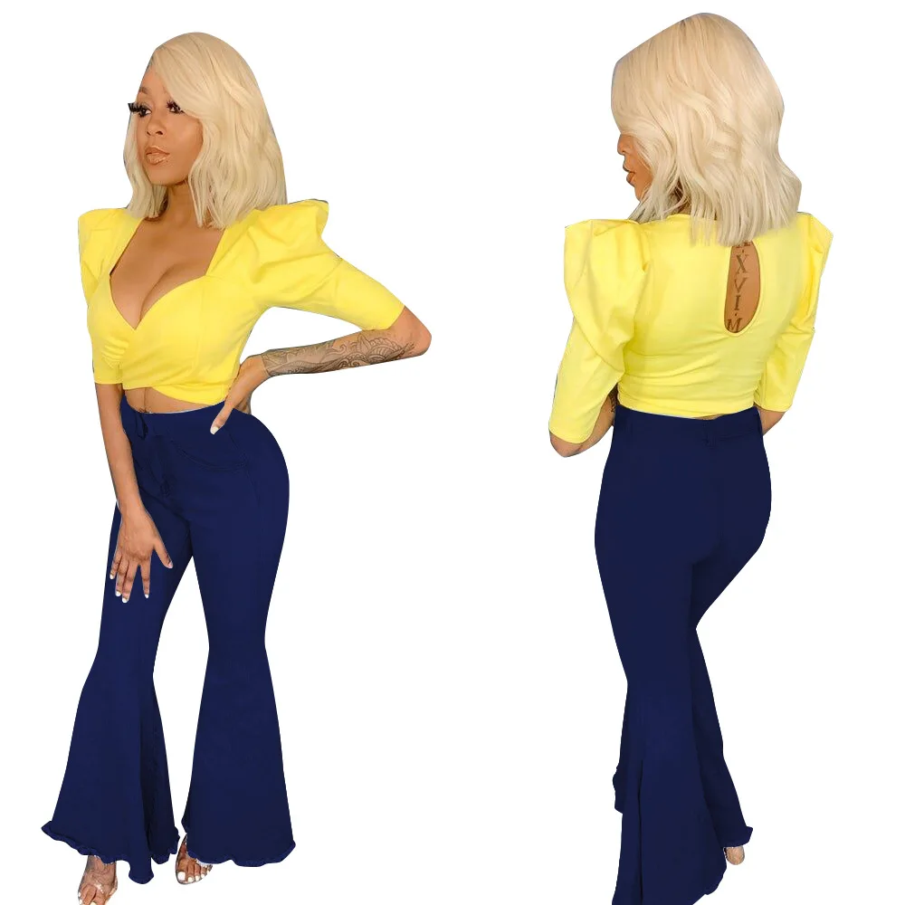 Женские длинные джинсы с высокой талией на молнии оборками Лоскутная модель GLM5088