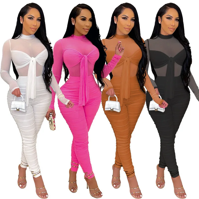 

Uni Clau Women One Piece Outfits Mesh Sheer Bodycon Jumpsuit Long Sleeve See Through Party Jumpsuits