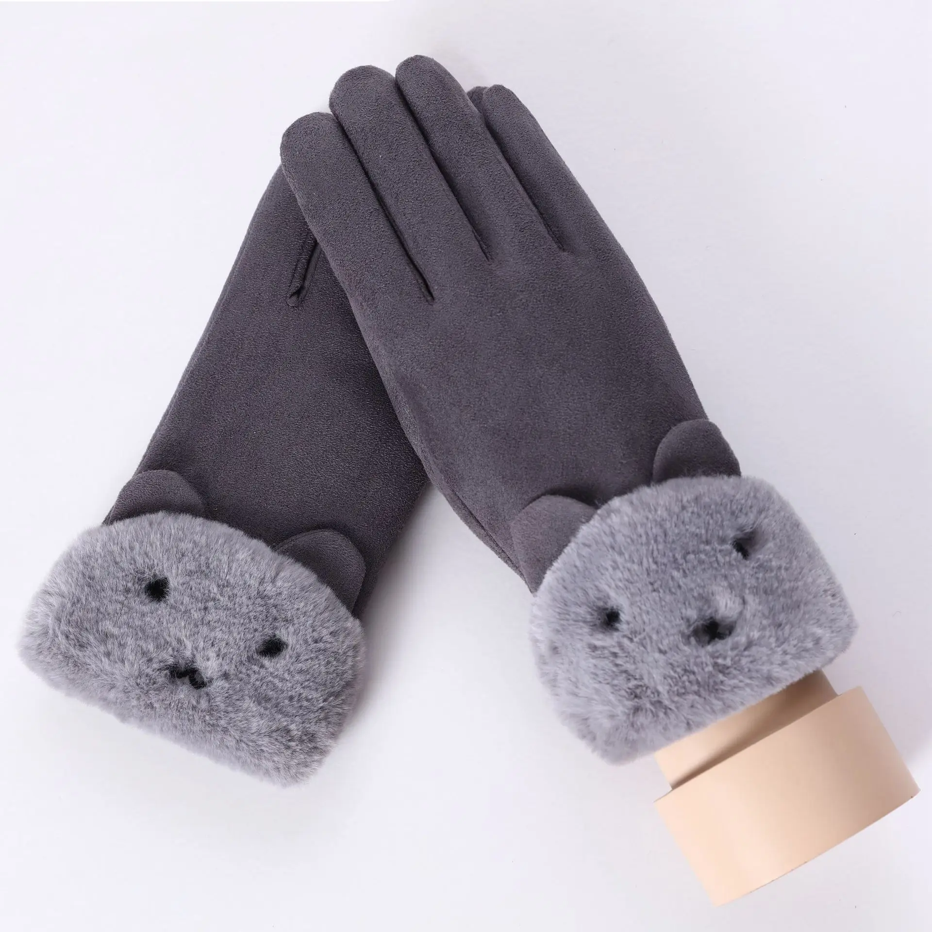 081A-Bear-Gray Sparsil женские замшевые перчатки с сенсорным экраном, зимние двухслойные меховые варежки, теплые модные перчатки с вышивкой в виде снежинки для улицы - Цвет: 081A-Bear-Gray