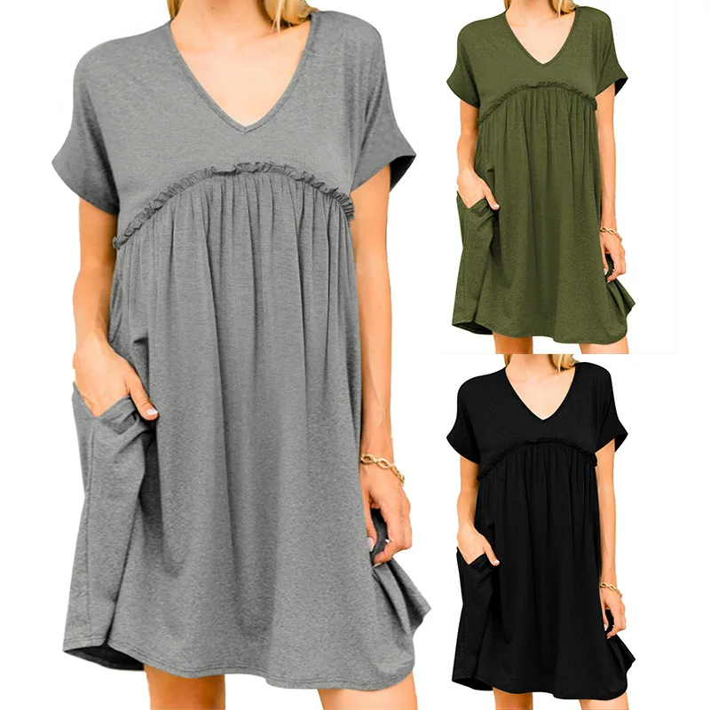 

LittleHouseGirl2021 Spring And Summer Home Service Women's Short-sleeved V-neck Pocket Stitching Dress Fashion Hot Sale Ladies