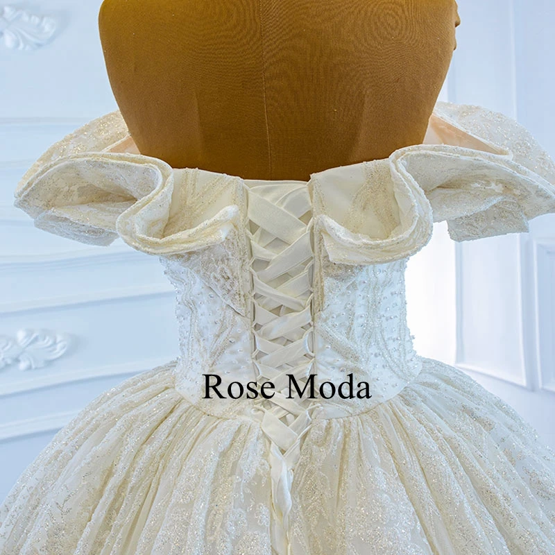 Rose Moda Luxury Off Shoulder Glittering Lace Wedding Dress with Long Train Princess Ball Gown Custom Make