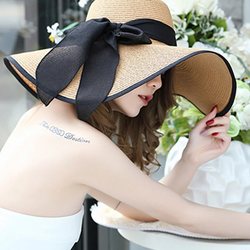 Летняя соломенная широкополая шляпа с широкими полями Пляжная складная бантом