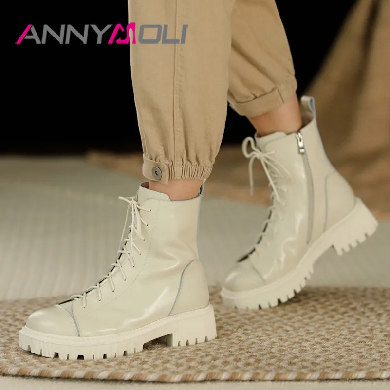 

ANNYMOLI Real Leather Ankle Boots Woman Platform High Heel Motorcycle Boots Zip Block Heel Short Boots Lace Up Female Shoes 42