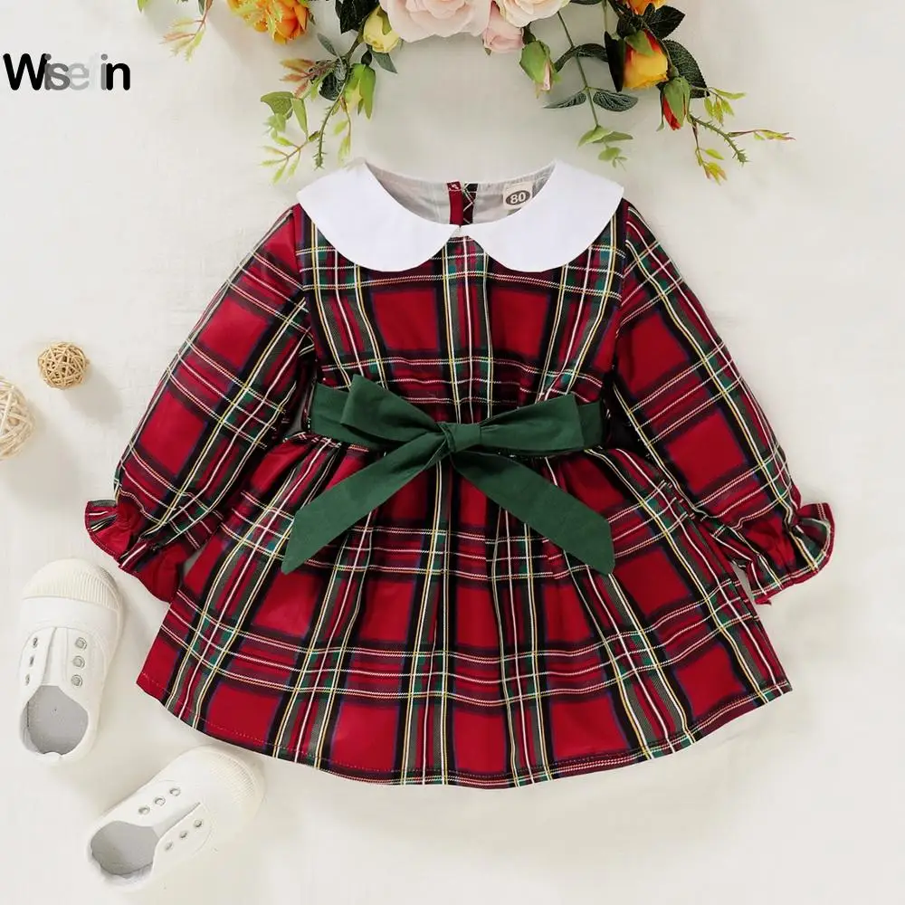 

Christmas Toddler Baby Girls Matching Sister Clothes Plaid Long Sleeve Dress Bandage Party Dress Birthday Bowknot Princess Dress