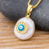 aibef high quality micro pave cz blue evil eye natural pearl pendant necklace gold color chain charm necklace for women jewelry