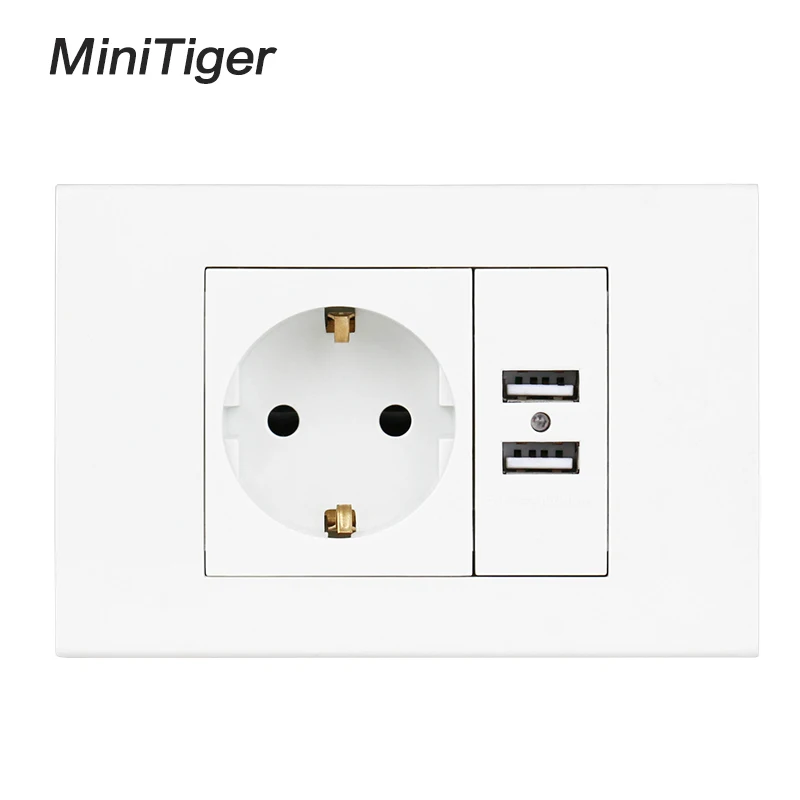 Minitiger Wall USB Socket Plug Grounded 16A EU Standard Outlet With 1000mA Dual USB Socket Charger Port for Mobile 118mm*80mm