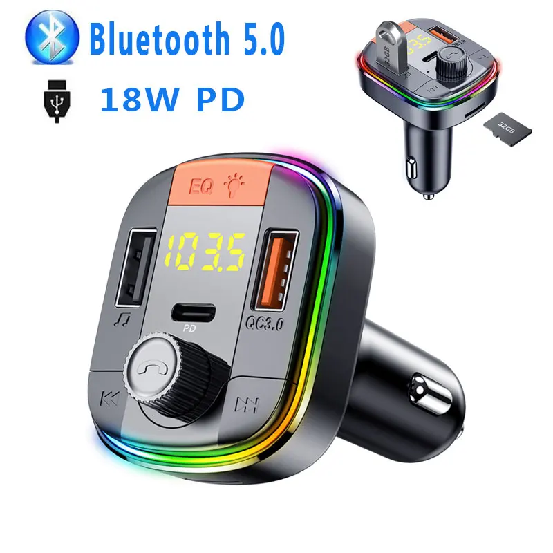 

2021 новый красочный светильник автомобиля Bluetooth FM передатчик громкой связи Bluetooth гарнитура для MP3 плеер адаптер 18 Вт Dual USB QC3.0 PD Тип C быстрая За...