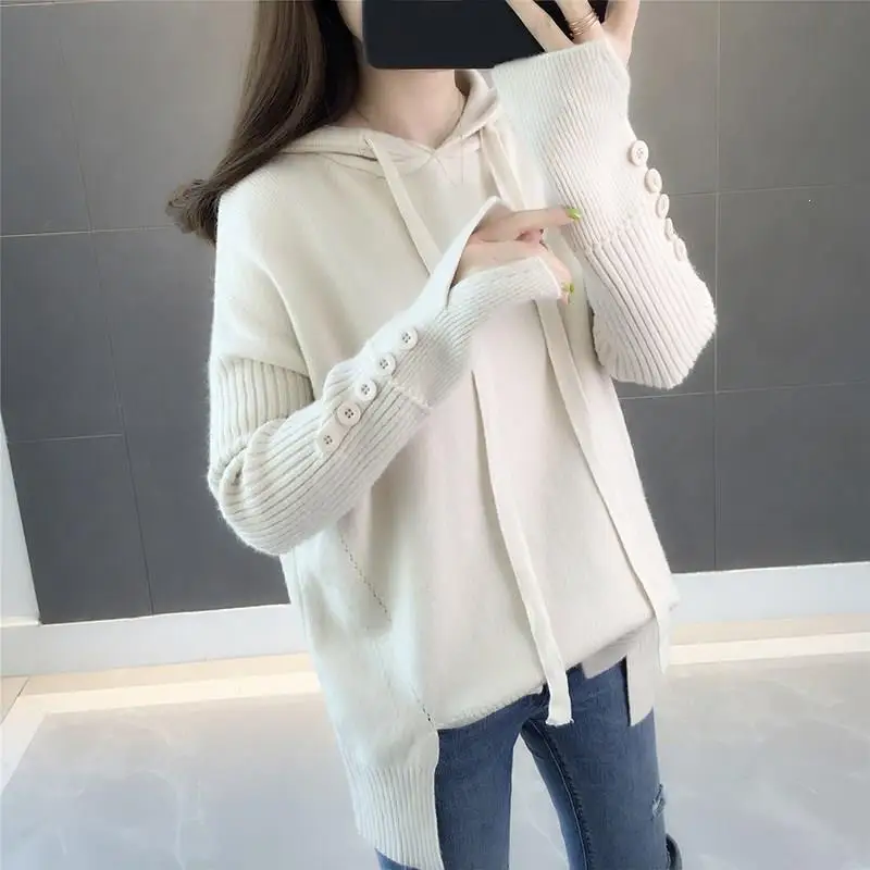 Autumn Loose Women Hooded Sweater Button Solid Knitted Office Lady Casual Jumper Pullovers | Женская одежда
