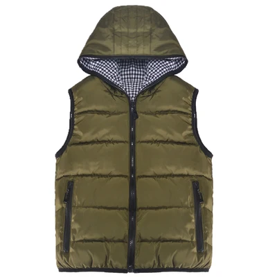 army green plaid Одежда для мальчиков; осенний хлопковый пуховик с капюшоном для подростков; детский жилет; двусторонний жилет; хлопковый жилет; повседневная куртка для маленьких мальчиков; детская ветровка - Цвет: army green plaid