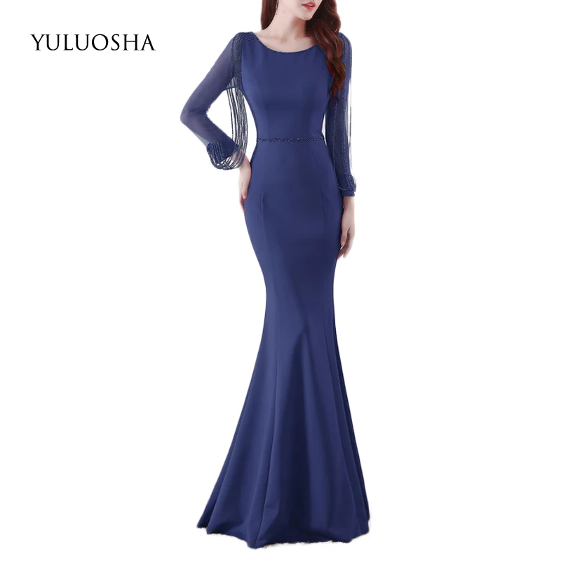 

YULUOSHA Evening Gown O-Neck Beading Lace Mermaid Royal Blue Sequin Dress Evening Dress Long Vestido Largo Fiesta Noche Elegante