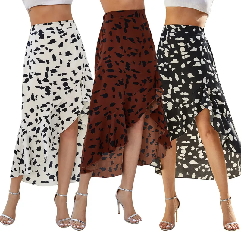 

Asymmetrical Ruffles Hem High Waist Printed Leopard Bottom A-line Irregular Midi Skirt Elegant Lady Office 2021 Beach Skirts