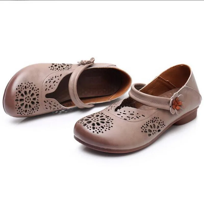 2021 New Genuine Leather Summer Shoes Woman Flats Hollow Breathable Casual Flat Shoes Comfortable Women Shoes Sandal