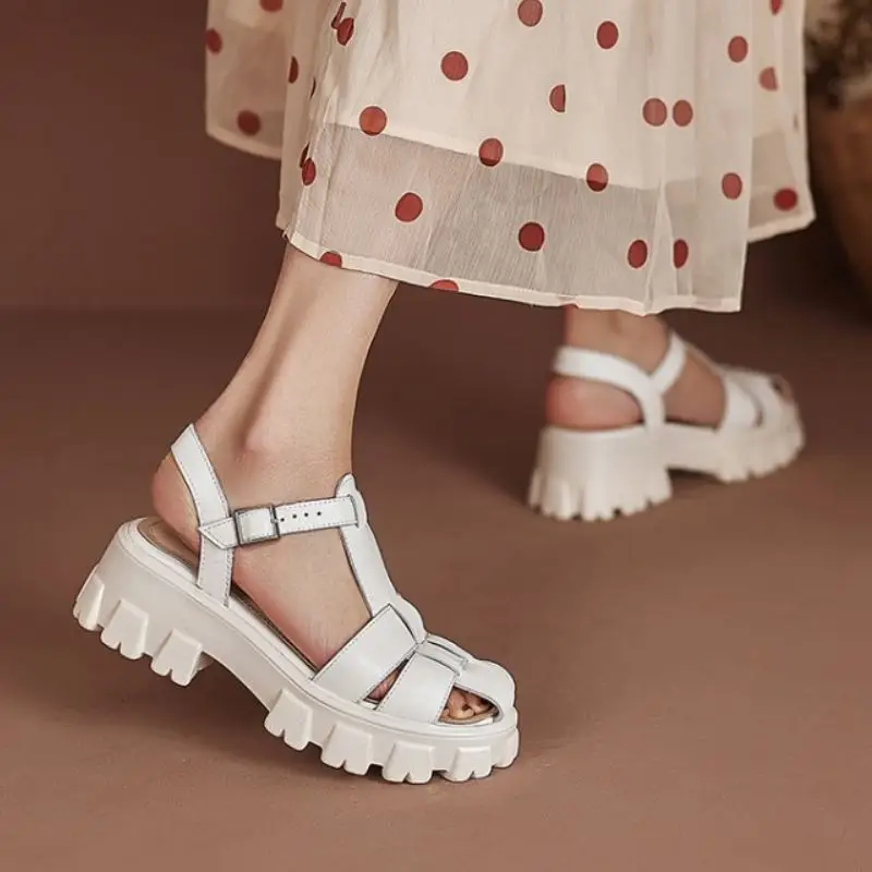 

KemeKiss Summer Women Genuine Leather Sandals Round Toe Buckle Strap Square Heel Platform Outdoor Female Footwear Size 34-41