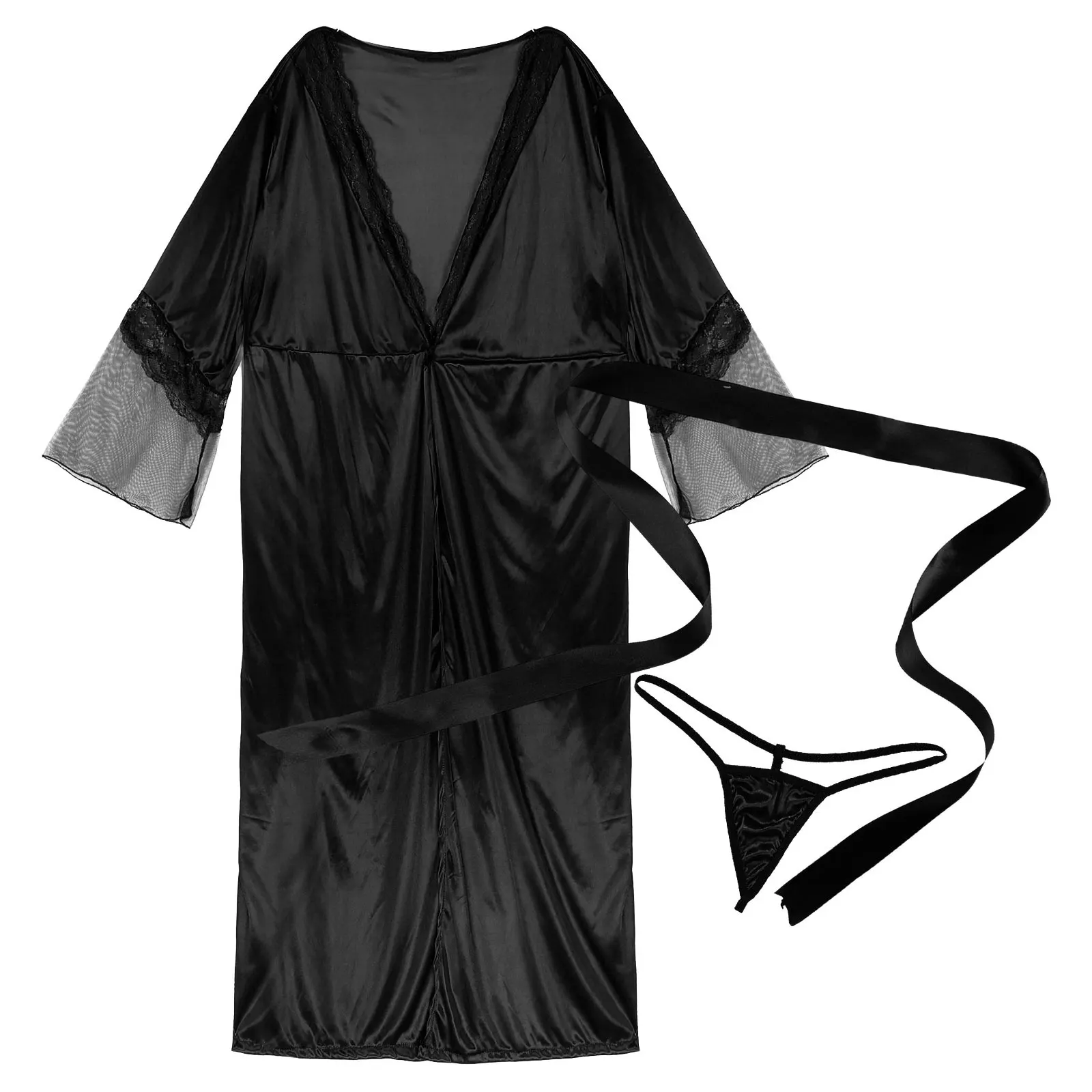

Womens Lingerie Babydolls Ladies Sexy Flare Sleeve Lace Patchwork Long Bathrobe Kimono Night Gown Sleepwear with G-string Belt