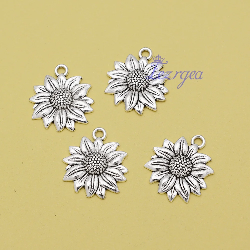 

25pcs/Lot 19x22mm Antique Silver Plated Sunflower Charms Plant Pendants For DIY Bracelet Jewelry Creation Handicraft accessories