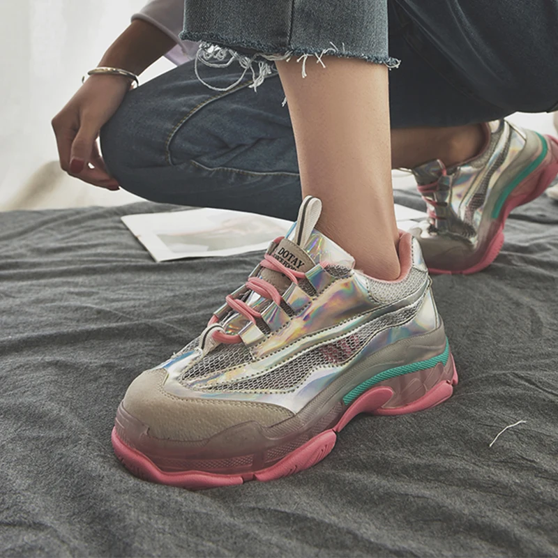 Массивные кроссовки Дизайнерские женские с блестками Дышащая женская обувь из