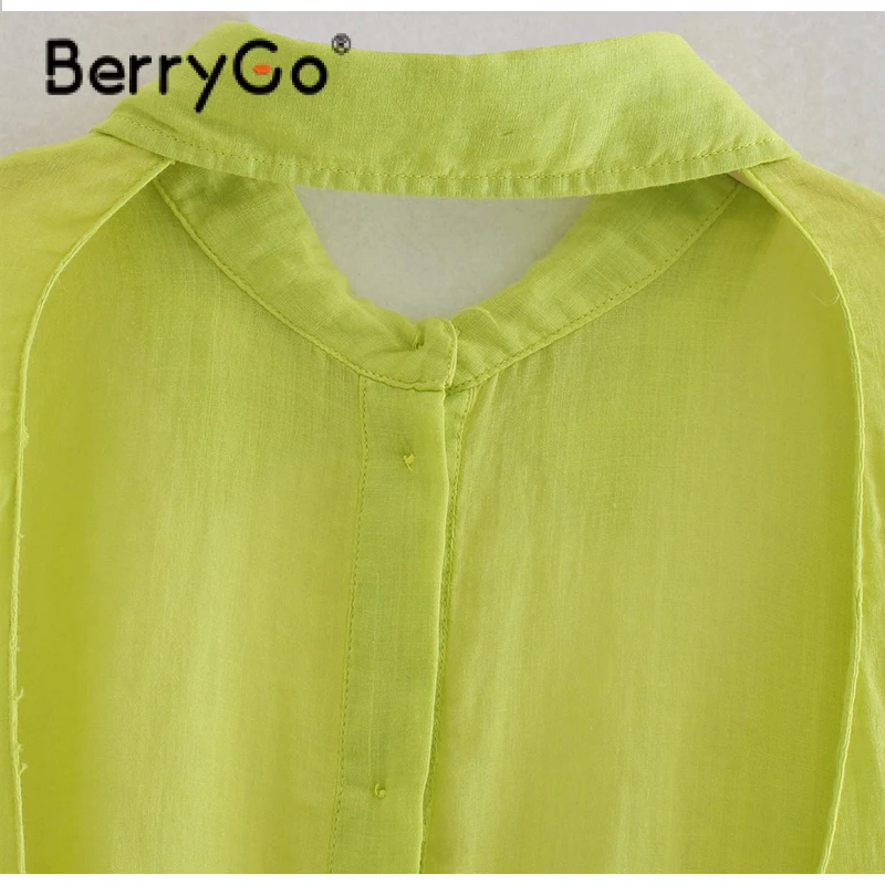 

BerryGo Sexy long sleeve bangade hollow out shirt women 2021 New green color turn down collar blouse Casual soft lady shirt tops