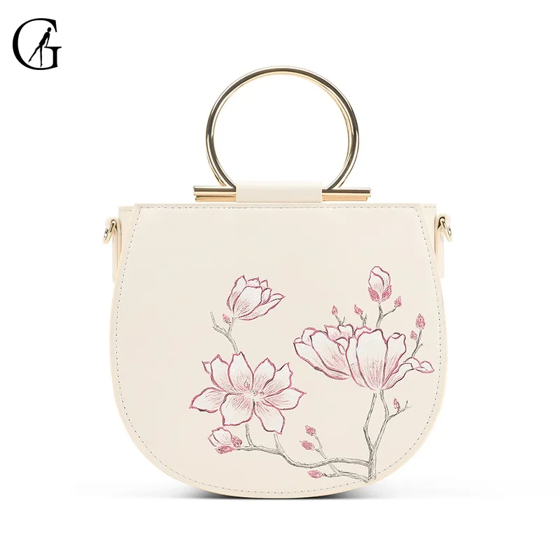 

GOXEOU Women's Handbag Creamy-white Chinese Style Flowers Hand Drawn PU Fashion Ladies Party Banquet Messenger Shoulder Bag
