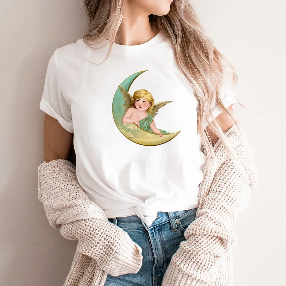 Женская хлопковая Футболка с принтом Angel Sit On The Moon забавная Повседневная футболка