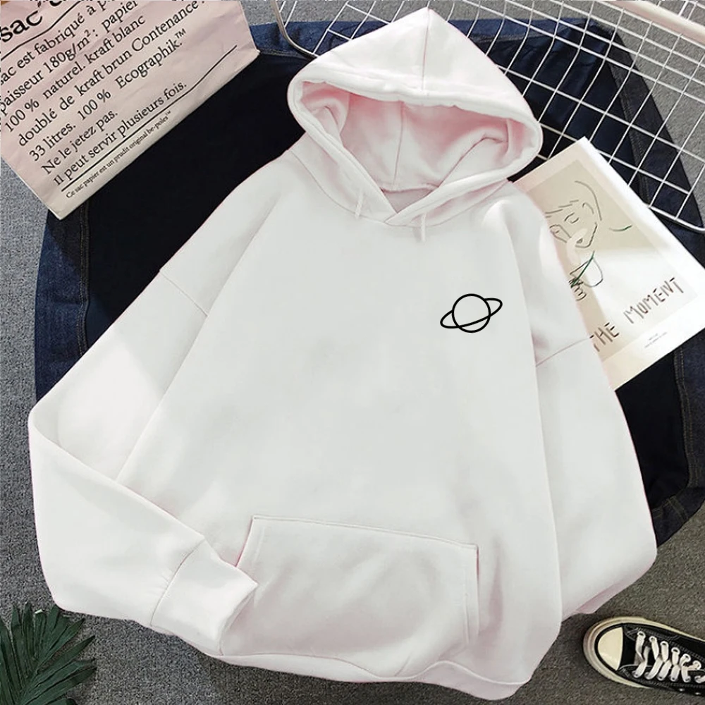

Women Hoodies Autumn Female Pullover Pink Casual Kpop Planet Print Solid Loose Drawstring Sweatshirt Long Sleeve Hooded2021