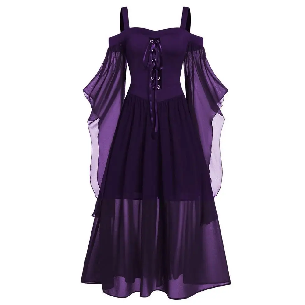 Dark Purple Платья больших размеров для женщин 4xl 5xl винтажное однотонное платье с открытыми плечами и рукавом-бабочкой на шнуровке для Хэллоуина осенний бандаж - Цвет: Dark Purple