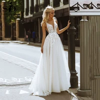 ivory boho wedding dress sexy backless v neck appliques lace tulle beach bridal dress simple wedding gowns plus size