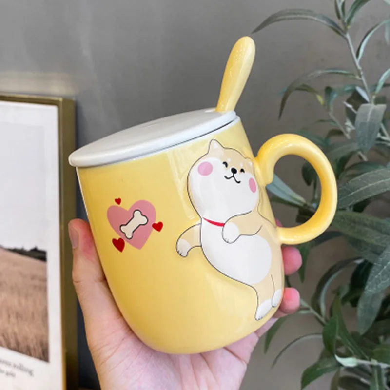 

1Pcs New 400mL Cute Cartoon Animal Shiba Inu Ceramic Mug Creative Men and Women Couple with Lid Spoon Drinking Water Coffee Cups
