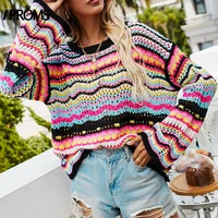 aproms multi color blocked knitted pullover women summer casual flare sleeve hollow out sweater cool girls fashion jumper 2021