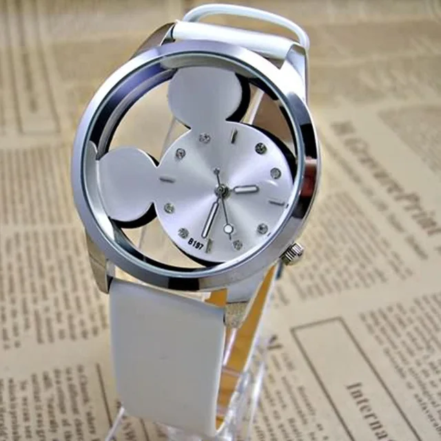 New Luxury Brand Cartoon Mickey Quartz Watches Women transparent hollow dial leather Women Watch reloj mujer Relogio Feminino