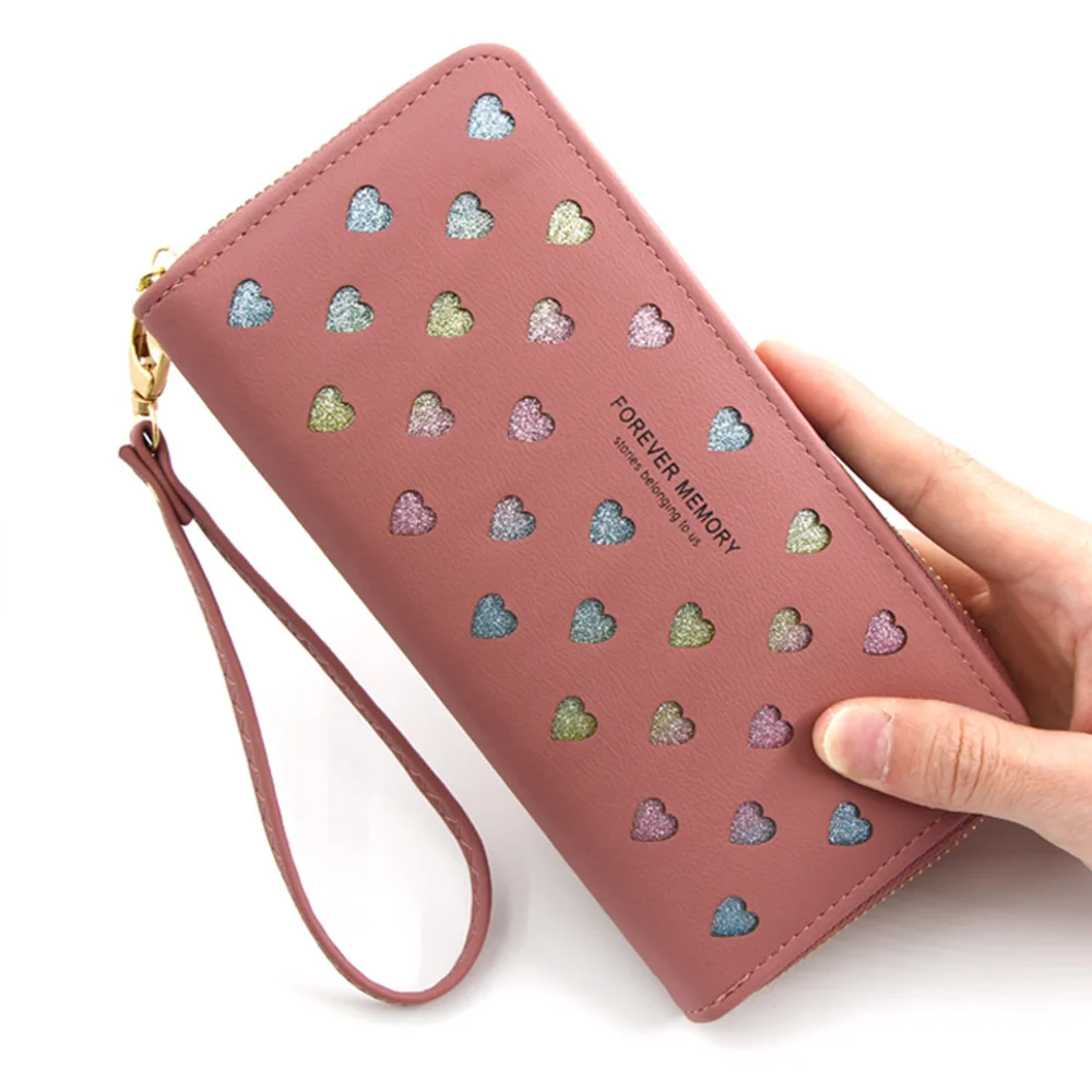 

Long Wallet for Women Zipper Printing Purse Cell Phone Bags Hollow Out Clutch Ladies Handbag with Soft Leather Female Money Bag