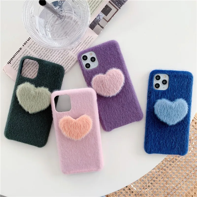 

new winter 3D Horsehair Heart female Phone Cover Case For Iphone X 11 pro Xs Max Xr 10 8 7 Plus SE 4.7 Luxury soft Coque Fundas