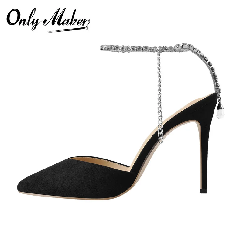 

Onlymaker Women's Pointed Toe Pumps Black Flock Shallow Metal Chain Buckle Crystal Bordered Stiletto High Heels Shoes Concise