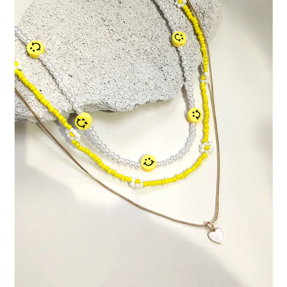 

3Pcs/Set Flower Smiley Heart Beaded Necklace For Women Yellow Handmade Bead Strand Sweet Girl Choker Necklaces Pearl Jewelry New