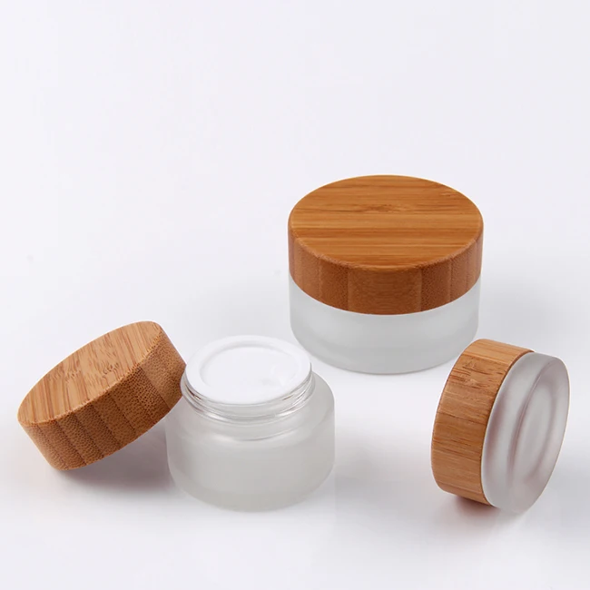 Frosted glass emulsion spray bottle Perfume bottles Skincare cream jar Mask Cosmetic packaging containers with wooden bamboo cap | Красота и