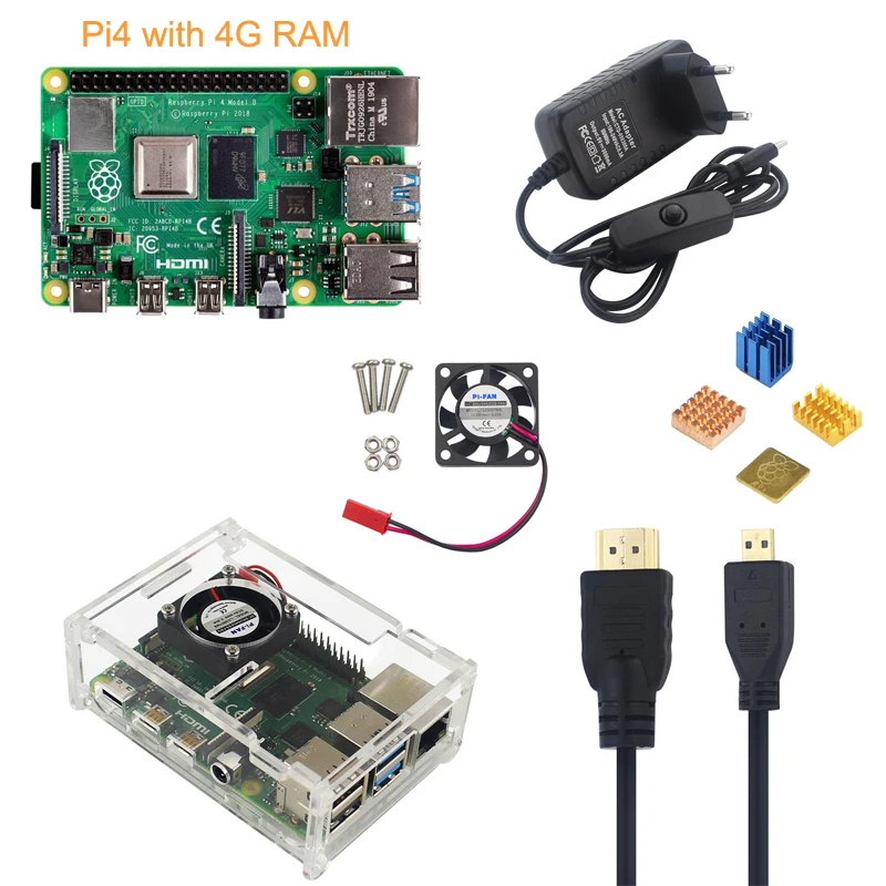 Raspberry Pi 4 Model B 4G Kit + адаптер питания 5 в 3A акриловый чехол вентилятор охлаждения