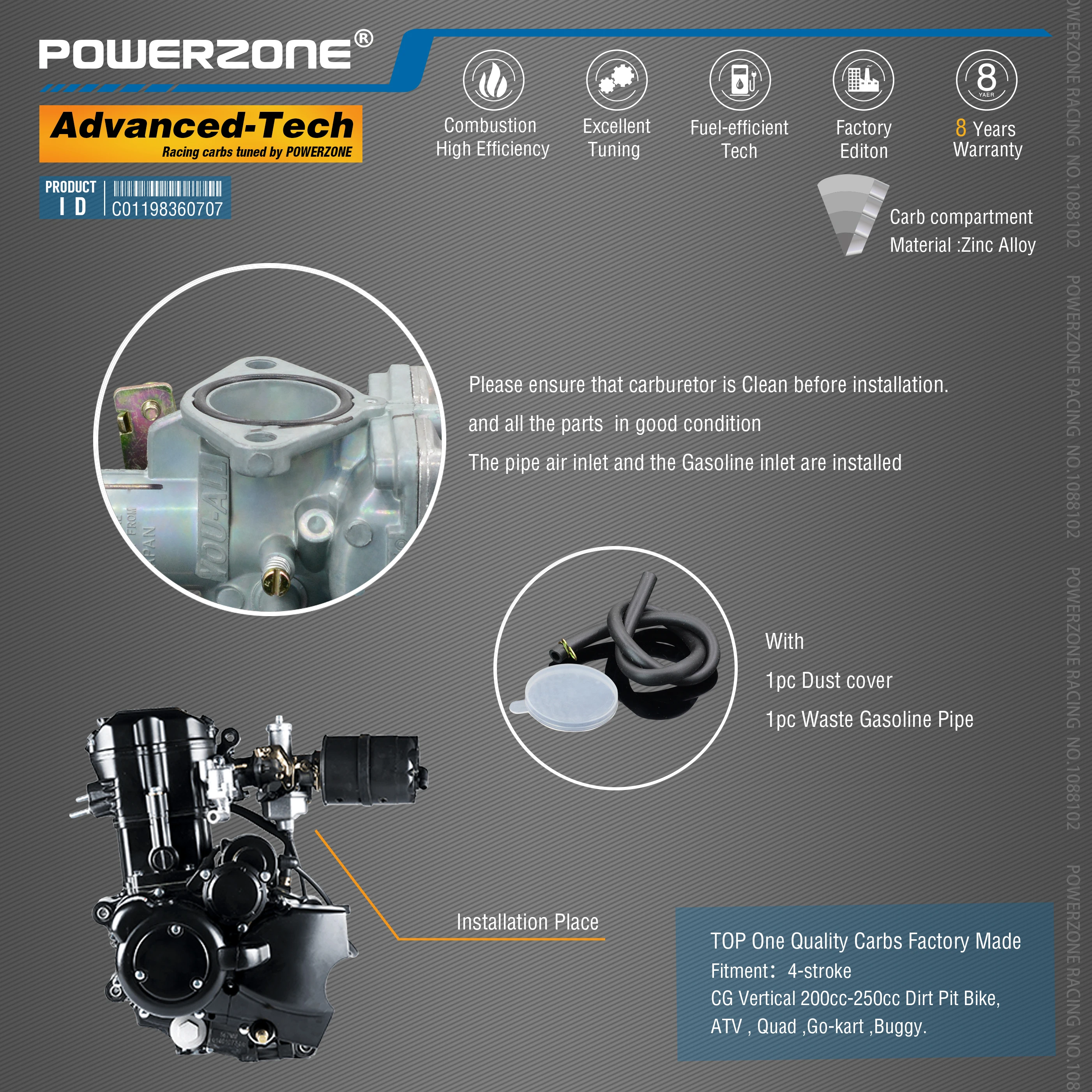 Карбюратор Powerzone PZ30B карбюратор с акселераторным насосом 30 мм CVK для CG Vertical 200cc-250cc