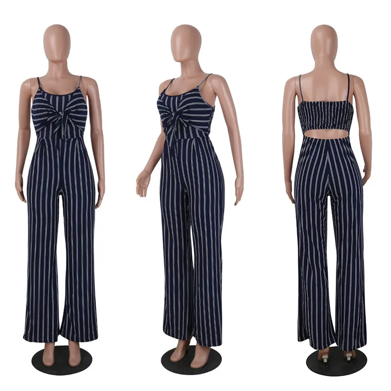 

Women Summer Navy Blue Striped Hollow Out Jumpsuit Casual Off the Shoulder Regular Fit Romper Overall