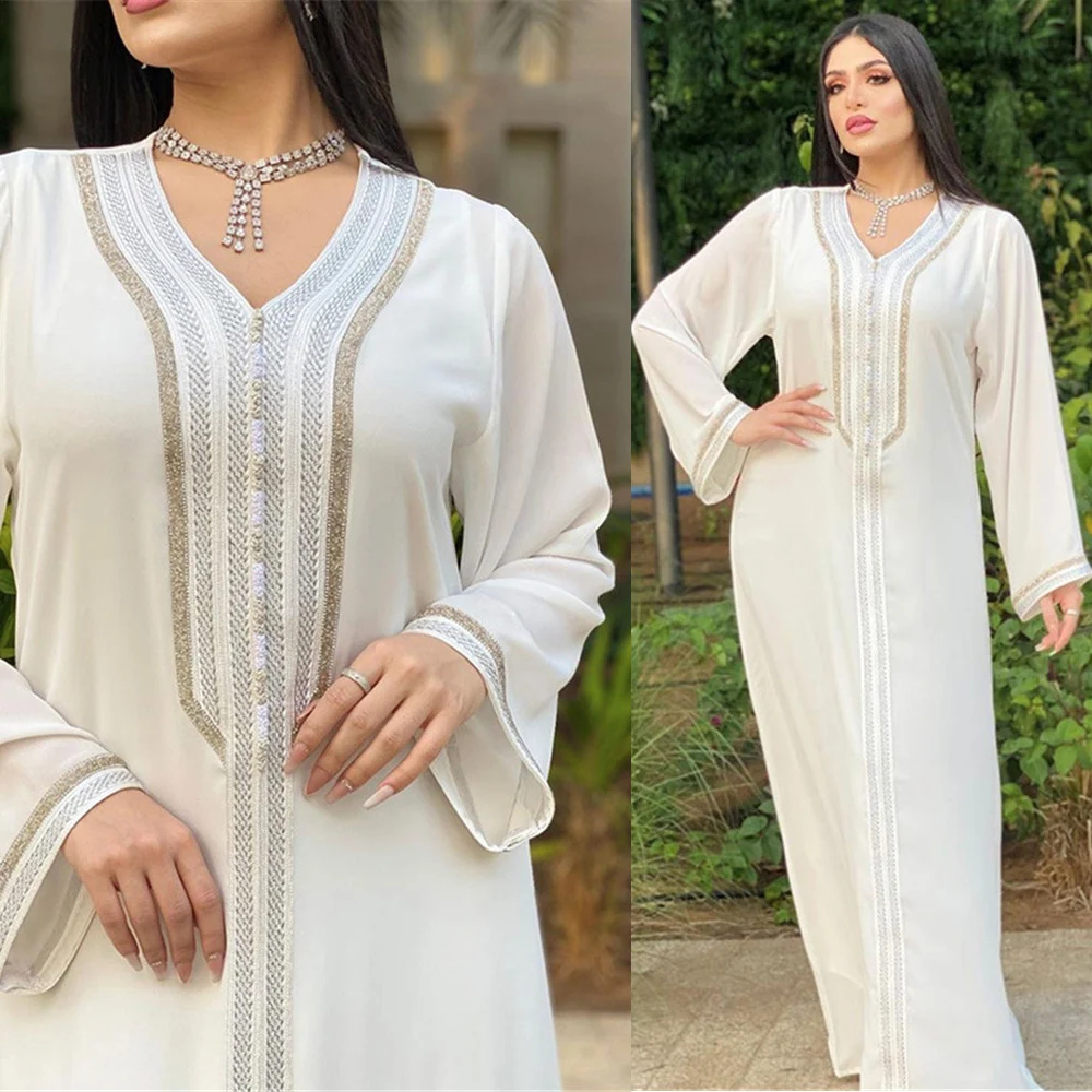 "Платье-абайя женское с V-образным вырезом, длинное белое марокканское платье в арабском и мусульманском стиле, Дубай, халаiya, 2 предмета, осен..."