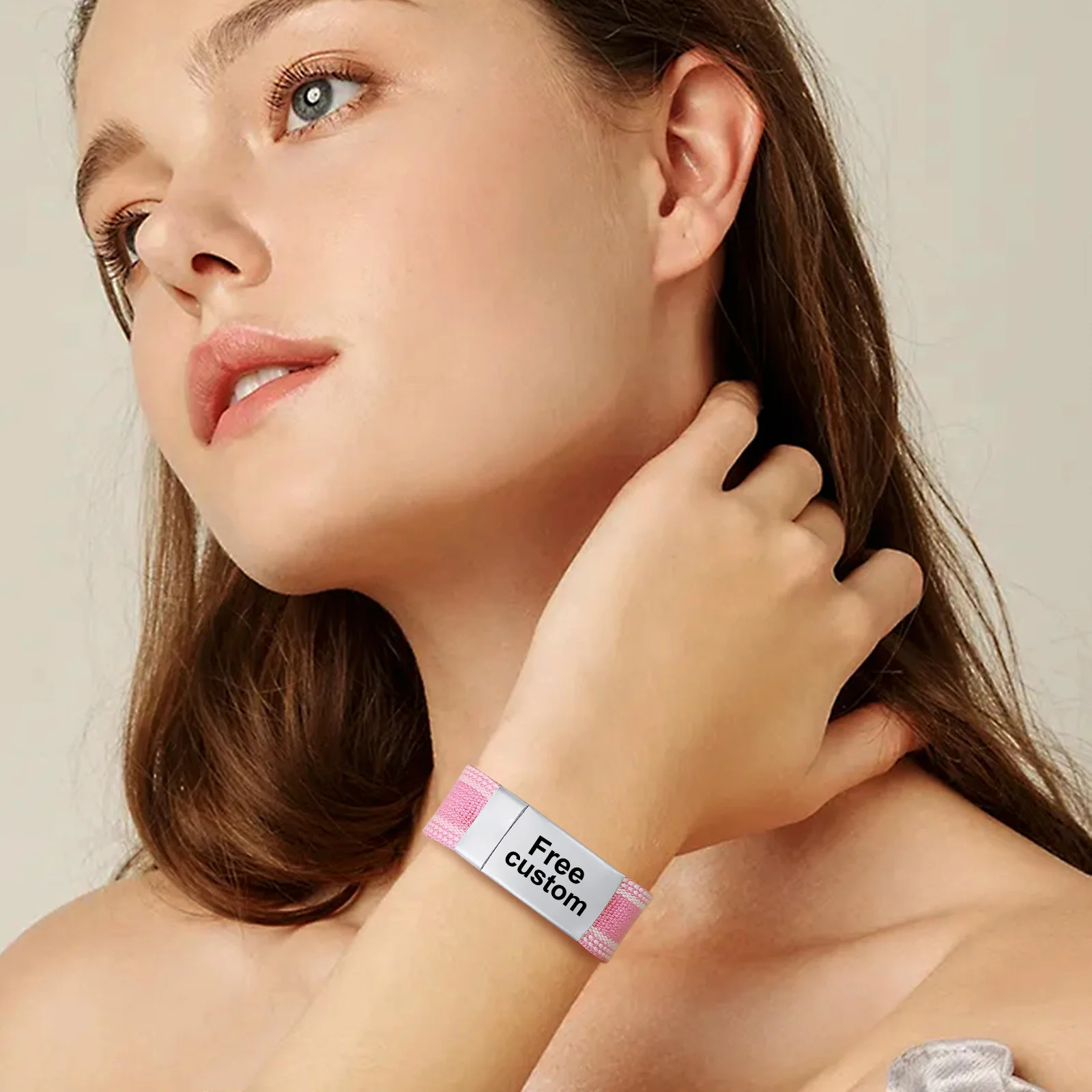 

Free Engrave ID Bracelet, Braided Bracelet for Women, Bohemian Pink Charm String Custom Wristband Adjsutable