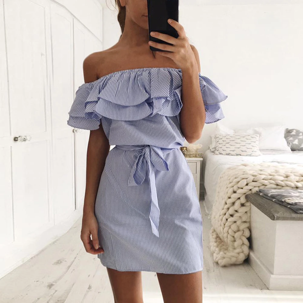 

Strapless Mini Off Shouder Beach Ruffle Sleeve Summer Party Casual Stripe Fashion Women Dress