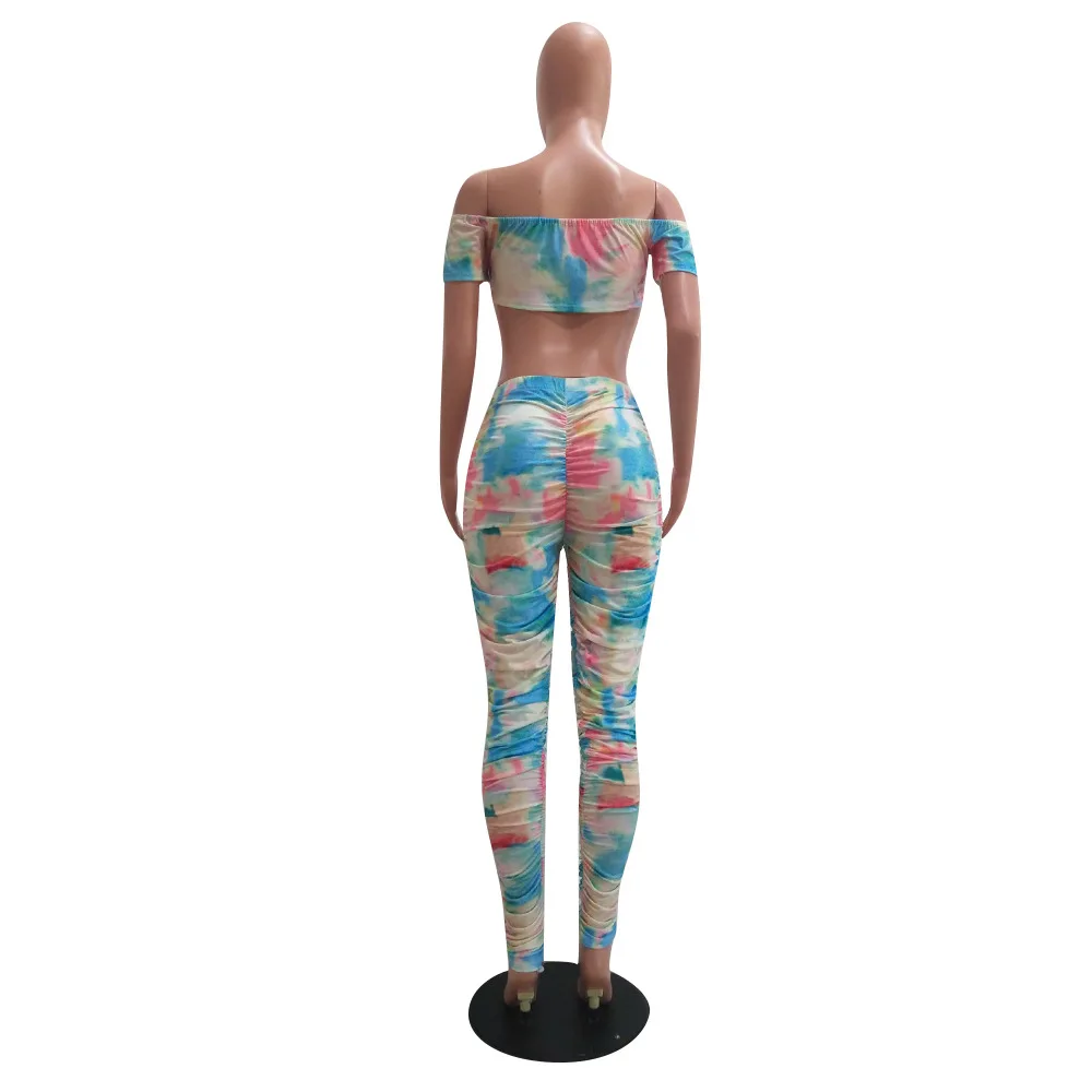 

Joskaa Tie-Dye off shoulder Hip Folds Sexy high waist backless crop top and stacked leggings women two-Piece set