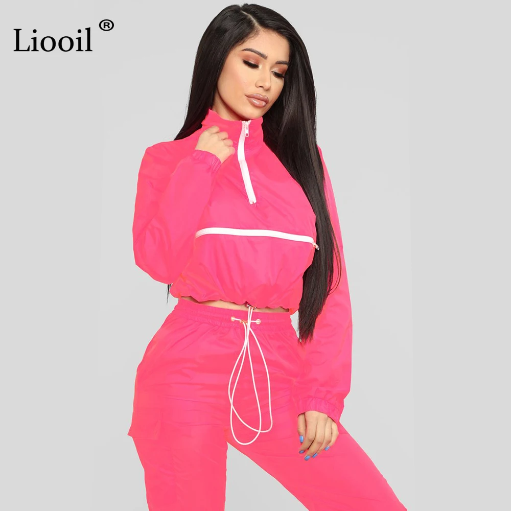 Liooil Neon Green/женская одежда комплект из двух предметов, спортивный костюм осень, укороченный топ с длинными рукавами на молнии и спортивные штаны, комплекты для бега